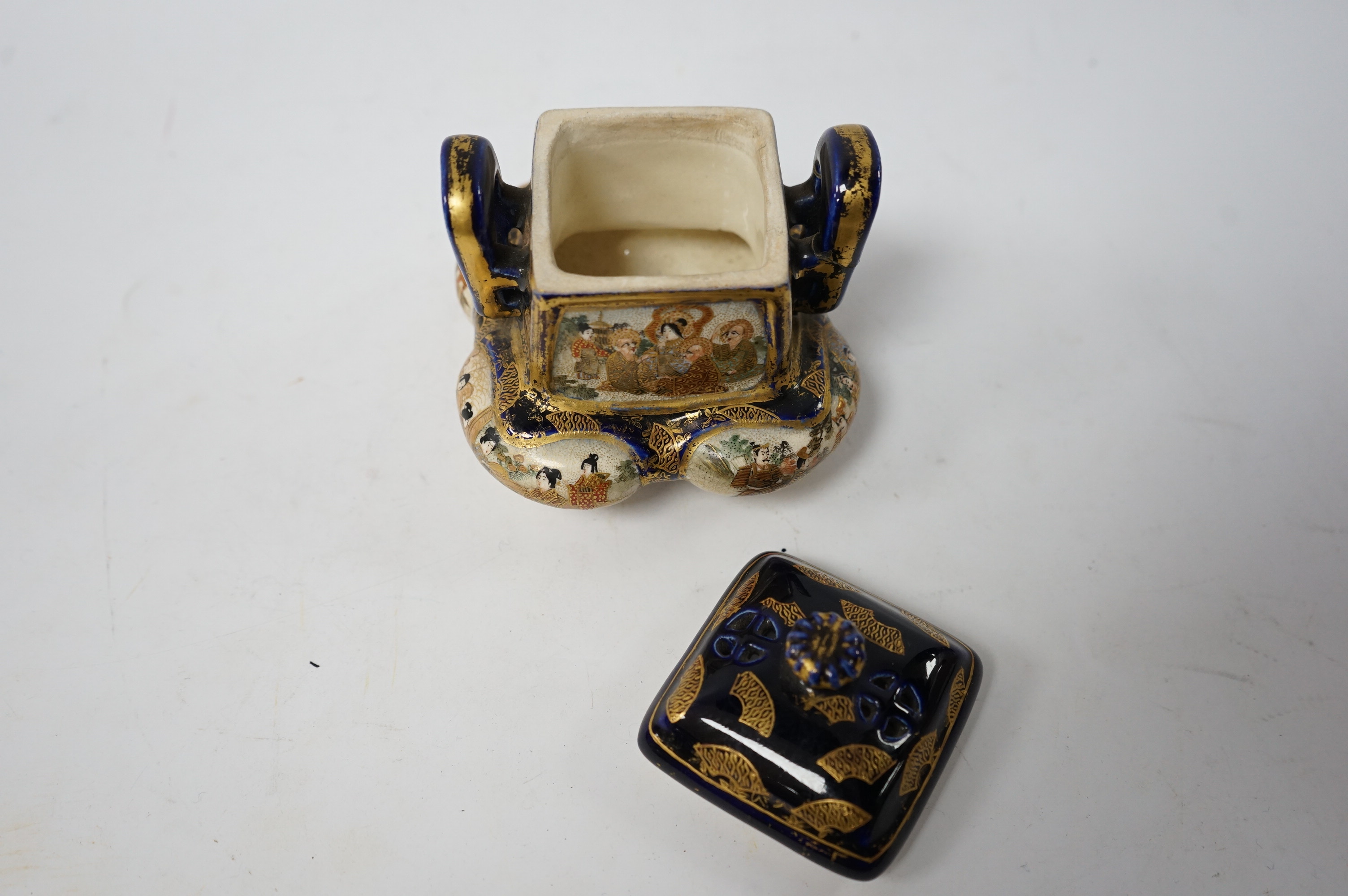 A Japanese Satsuma pot pourri and cover, signed, 9.5cm. Condition - fair